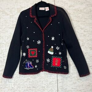 Vintage Christmas Sweater Cardigan Large Holiday Snowman Ice Skates